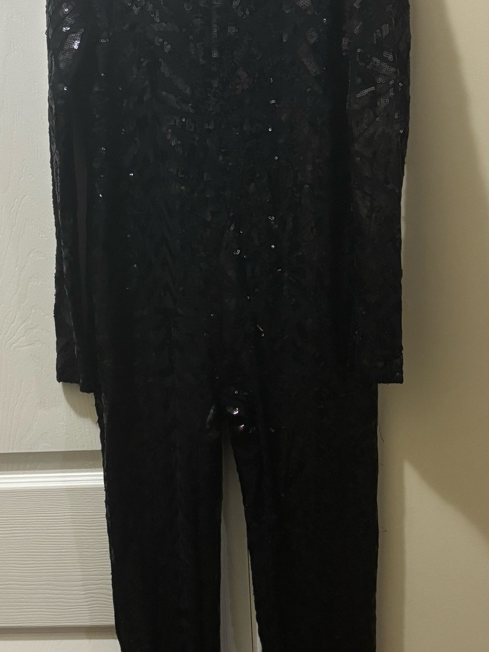 Black Sequin Jumpsuit Long Sleeve Geometric Mesh Catsuit Bodysuit Party Club